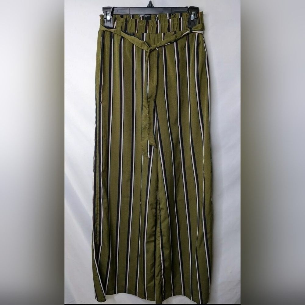 Forever 21 Womens Pants Small Green Striped Wide Straight Leg Tie Flat Front